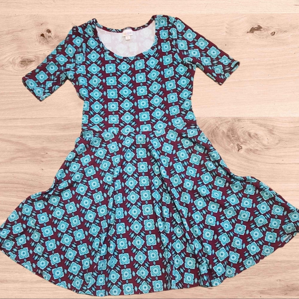 LuLaRoe Nicole Graphics Print Dress Burgundy and Teal